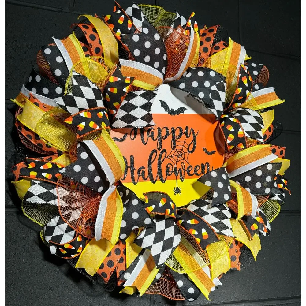 Halloween Wreath~Candy Corn, Trick Or Treat~Large~Front Door~Handmade 22 inch